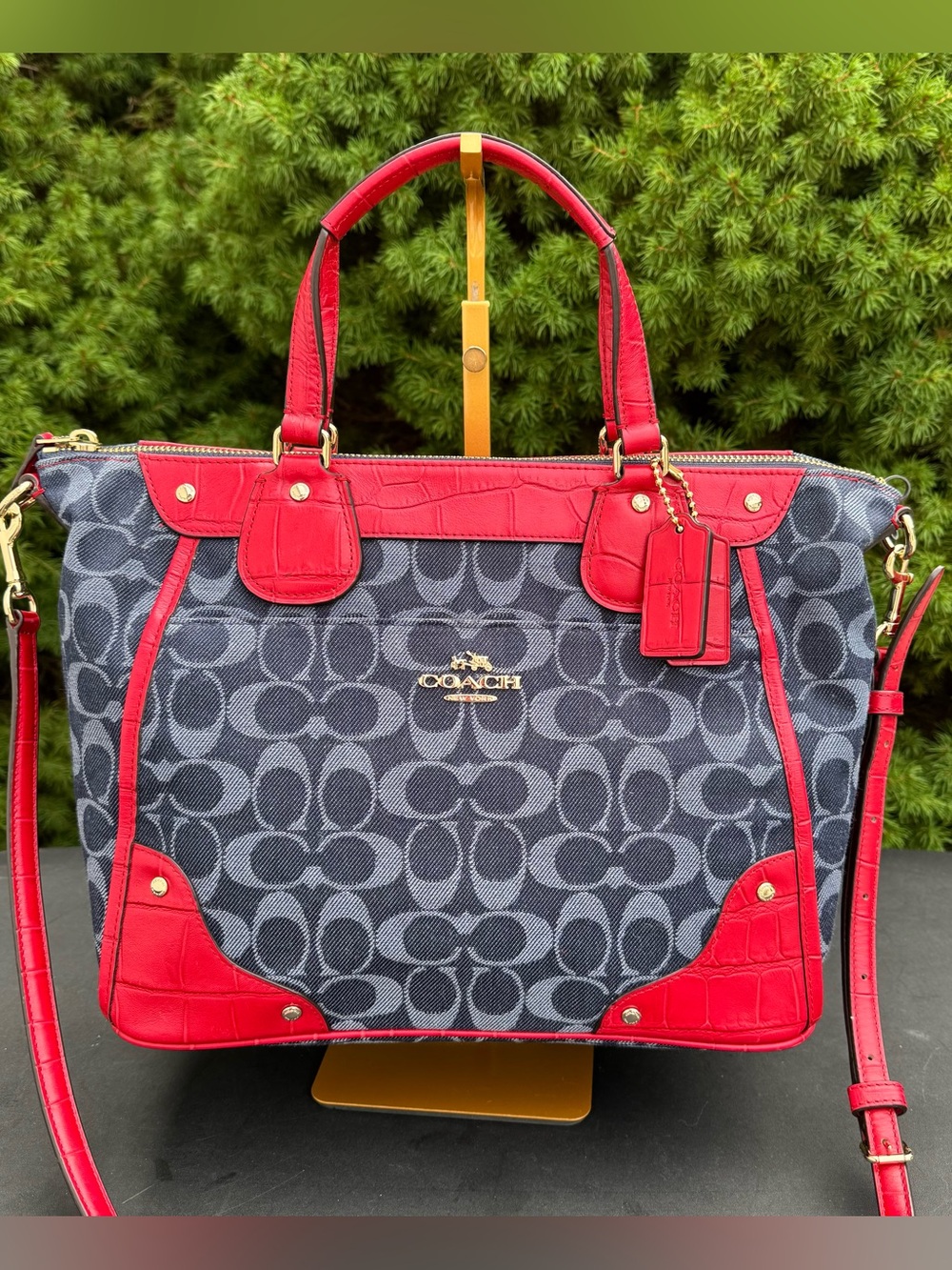 Coach Mickie Satchel in Denim and Red Croc Embossed Leather with COA NWOT